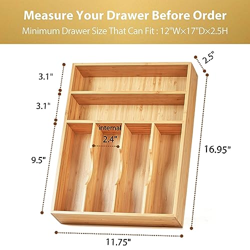 Umilife Kitchen Drawer Organizer, 12 Inch Silverware Utensil Tray Holder, Extra Deep, with Non-Slip Feet & Grooved Drawer Divider, 6 Slots Total Bamboo Wood Caddy for Flatware Cutlery Knives - size: 12 x 17 inch (6 Slots)