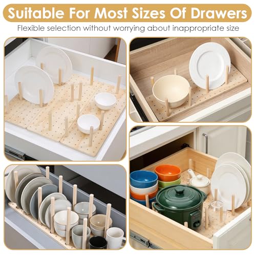 4 Pcs Pegboard Drawer Organizer with 48 Pegs, 20.98x5.91 Inch Wooden Peg Board Kitchen Plate Organizer for Drawer Pegboard Storage Rack with Adjustable Peg for Tableware, Plate, Bowl, Cookware