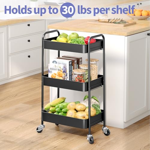 TOOLF 3-Tier Metal Rolling Cart with Wheels, Storage Utility Organizer Cart for Kitchen, Bathroom, Office, Baby Essentials & Makeup - Lockable Casters, Easy Assembly, Large Capacity, Black - color: Black, size: 3-Tier