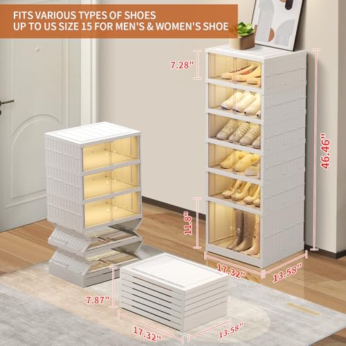 EHAMILY 6 Tier Foldable Shoe Rack Organizer for Closet 6-12Pairs Plastic Collapsible Shoe Racks Shelf Stackable Clear Folding Shoes Storage boxes for Small Spaces Narrow Shoe Storage Cabinet - size: 6 Tiers 12 Pairs
