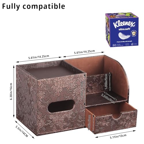 YAPISHI Tissue Box Cover with Storage Tray and Drawer, PU Leather Square Tissue Box Holder, Modern Cube Facial Tissue Dispenser, Makeup Holder, Remote Control Organizer for Nightstand, Bathroom Vanity - color: Archaize