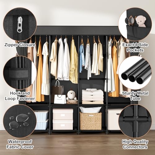 Portable Closet for Hanging Clothes, 67 Inch Wide Portable Wardrobe Closet with Cover, 4 Hanging Rod, Storage Shelves and Side Pockets, Large Free Standing Closet for Bedroom, Black - color: Black, size: 4 Row - 67'' Wide