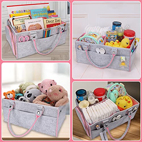 Baby Diaper Caddy Organizer for Girl Boy Large Nursery Storage Bin Basket Portable Holder Tote Bag for Changing Table and Car Baby Shower Gifts Newborn Essentials Baby Registry Must Haves Items - color: pink