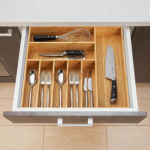 Umilife Large Kitchen Drawer Organizer, 19"x20" Silverware Utensils Organizer, 2.5" High for Large Deep Drawers, Bamboo Flatware Holder with Thick Frames, Sturdy Kitchen Organization Tray - size: 19 x 20 inch (8 Slots)