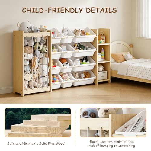 EXPERLAM 3-in-1 Toy Storage Organizer, Stuffed Animal Holder & 3-Tier Bookcase, Solid Wood Toy Organizer with 12 Storage Bins, Space-Saving Toy & Book Shelf for Kids Rooms, Bedroom, Playroom, White - color: White