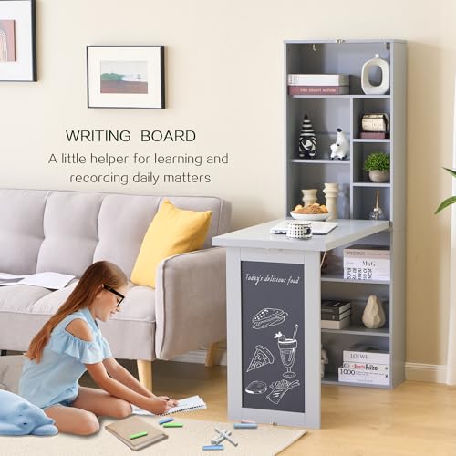 Folding Desk with Storage,Foldable Convertible Writing table with Blackboard and Shelves,Wall Mount Fold Out Table Cabinet , Space-Saving Murphy Desk for Multi-Function Home Office Workstation (Grey) - color: Grey