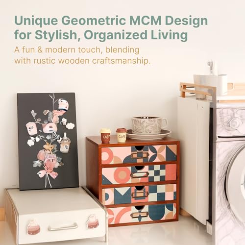 Mid-Century Modern Geometric Pattern Desk Organizer - Earth Tone Desktop Storage with 4-Drawer - Retro Modern Wood Cabinet for Office Supplies, Craft Tools, & Home Organization - MCM Drawer Unit - color: MCM Earthtone Grid