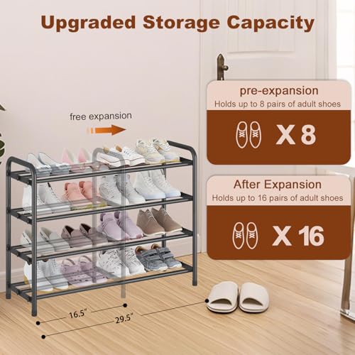 KANAV 4-Tier Expandable Shoe Rack – Adjustable Shoe Organizer & Shoe Storage for Closet, Entryway, and Front Door – Space-Saving Shoe Shelf and Rack Organizer for Home - Black - color: Black, size: 4-Tiers