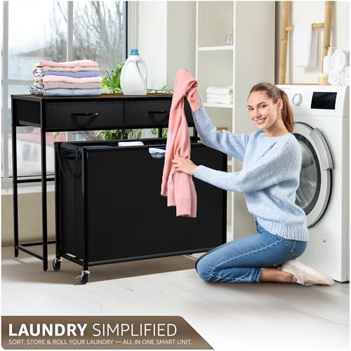 Sorbus 3 Section Laundry Hamper with Shelf and 2 Drawers for Laundry Room Organization, Laundry Basket with Wheels, Rolling Laundry Hamper, Laundry Sorter for Optimal Storage and Organization (Rustic) - color: Rustic