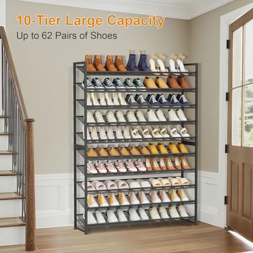 Large Shoe Rack 10 Tier Shoe Organizer, Heavy Duty Metal 5-Tier Stackable Shoe Storage Vertical Shoe Rack for Closet Front Door Entrance, Up to 62 Pairs, 44.8" W x 11.4" D x 71.2" H, Black - color: Black, size: 10 Tier