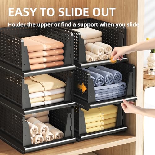 Folding Closet Organizer and Storage for Shelves, 5 Pack Stackable Plastic Storage Basket for Closet, Top Bottom of Closet Organizer, Drawers Organizer for RV, Camper, Pants, Clothes, Office - color: Black