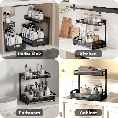 Under Sink Organizer,2 Pack Height Adjustable Under Sink Organizers and Storage, 2 Tier Under Sink Storage for Kitchen Bathroom Cabinet - color: Black, size: Large-2 pack