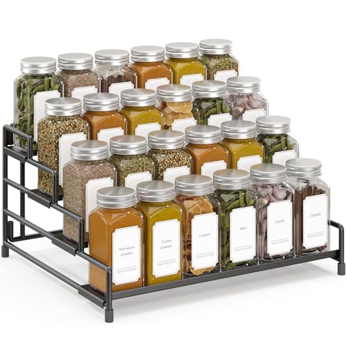 RUILALIFE 4-Tier-Spice-Rack-Organizer-for-Cabinet, Adjustable Depth Spice Holder Shelf For Countertop Pantry Cupboard, Metal Tiered Seasoning Organizer,Display Shelf Riser (Black-1 Pack) - color: Black-1 Pack