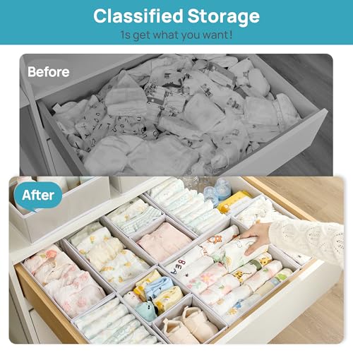 Vtopmart 18 Pack Baby Clothes Organizer, Dresser Drawer Organizer for Baby Clothing, Foldable Fabric Closet Drawer Storage Bins, Dresser Dividers for Bra, Socks, Ties, Scarf - color: Grey