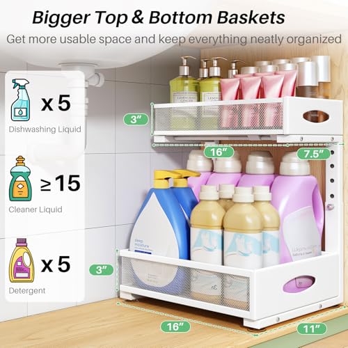 Under Sink Organizer, 1-Pack Pull Out Cabinet Organizer 2 Tier Metal Slide Out Storage Shelf Rack, L-Shaped Adjustable Height,Mesh Sliding Drawer for Kitchen, Bathroom, Laundry, Pantry, White, XL - color: White, size: 1-Pack (XL)