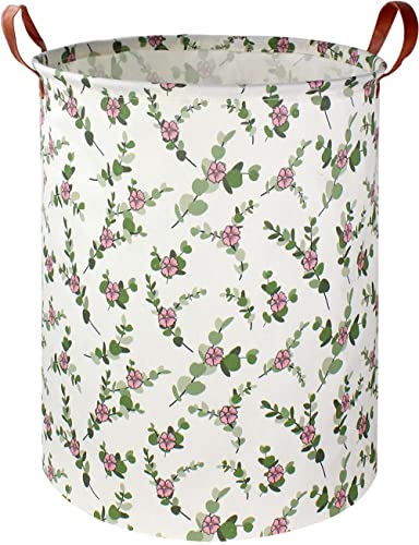 NTAOHAMPER Large Round Canvas Linen Laundry Hamper,Waterproof Storage Bin for Books/Clothes, Laundry Basket, Gift Basket(Eucalyptus leaves) - color: Eucalyptus leaves