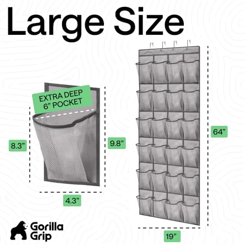GORILLA GRIP Over the Door Shoe Organizer, 24 Extra Large Breathable Mesh Pockets, Space Saving Hanging Storage Holder, 4 Hook Closet Rack Hanger, Hangs on Closets for Shoes and Accessories, Grey - color: Grey, size: 24 Extra Large Pockets/4 Hooks