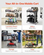 VEVOR Foldable Utility Service Cart, 165LBS 3 Shelf Heavy Duty Plastic Rolling Cart with 360° Swivel Wheels (2 with Brakes), Ergonomic Handle, Portable Garage Tool Cart for Warehouse Office Home