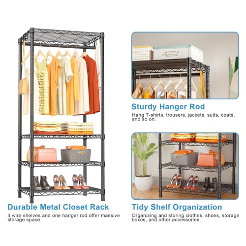 Ulif H4 Mini Portable Closet, 4 Tiers Freestanding Clothing Garment Rack for Small Space, Metal Clothes Wardrobe System for Bedroom, 23.6" W x 14" D x 76.4" H, Load 502 lbs, Black - color: Black, size: H4 Mini