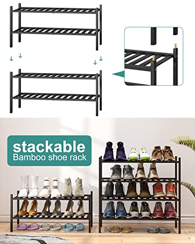 viewcare 2-Tier Black Bamboo Shoe Rack for Entryway, Stackable | Foldable | Natural, Shoe Shelf Storage Organizer for Hallway Closet, Free Standing Shoe Racks for Indoor Outdoor - color: Black, size: 2-Tier