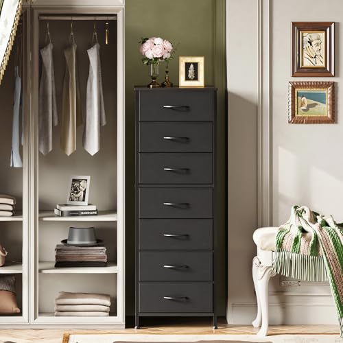 WLIVE Black Tall Dresser for Bedroom, 7 Drawer Dressers & Chests of Drawers, Fabric Dresser for Closet, Living Room, Night Stand with Metal Frame, Storage Tower with Fabric Bins, Wood Top - color: Black, size: 11.73"D x 15.67"W x 45.28"H