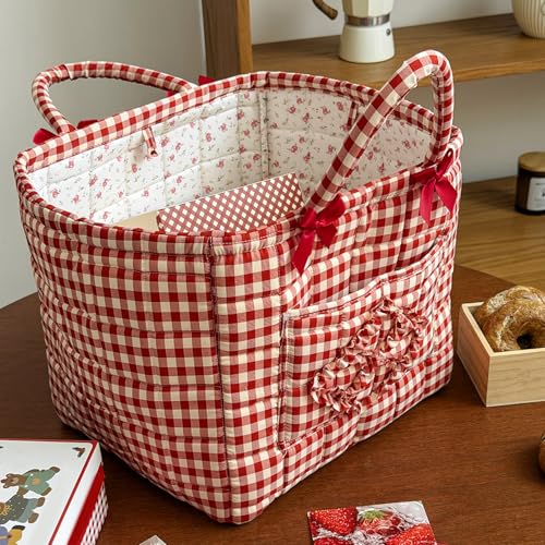 Quilted Fabric Basket Car Storage Basket Boho Floral Laundry Hamper for Nursery Bedroom & Living Room | Organize Clothes Toys (Red Gingham Check) - color: Red Gingham Check