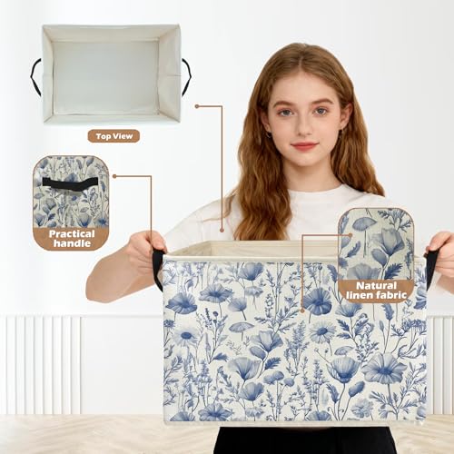 Blue and White Floral Storage Box Bins, Chinoiserie Flower Botanical Collapsible Storage Basket Organizer for Bedroom Laundry Room Home Clothes Toys Books, Toybox for Girls - color: Floral G