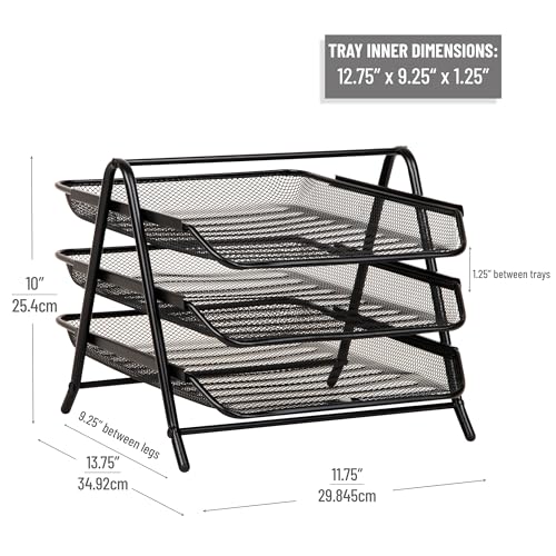 Mind Reader 3-Tier Paper Tray, Desktop Organizer, File Storage, Office, Metal Mesh, 11.75" L x 13.75" W x 10" H, Set of 2, Black - style: 2 Pack