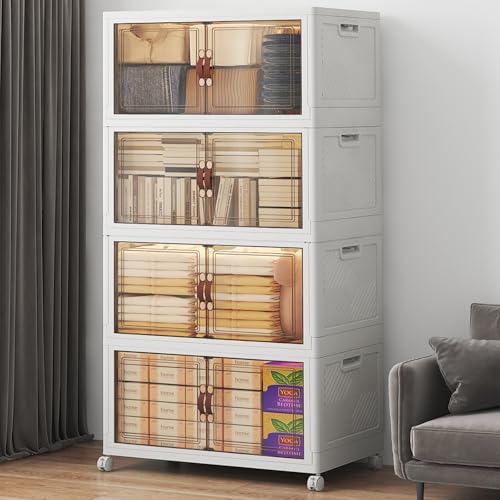 UAMFURI Stackable Storage Bins with Lids, 480QT Closet Organizers, Lockable Storage Cabinet，Foldable Storage Box with Doors and Wheels, Plastic Drawers for Home, Garage, Office (4, White, Large) - color: White, size: Large
