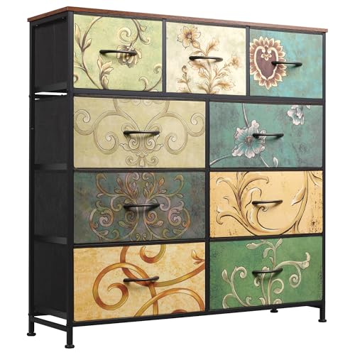 WLIVE 9-Drawer Dresser, Fabric Storage Tower for Bedroom, Hallway, Entryway, Closet, Tall Chest Organizer Unit with Fabric Bins, Steel Frame, Wood Top, Easy Pull Handle, Floral Painted - color: Floral Painted
