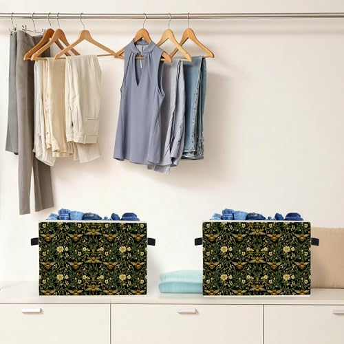 Moody Floral Bumblebee Storage Box Bins, Dark Cottagecore Honey Bee Botanical Collapsible Storage Basket Organizer for Bedroom Laundry Room Home Clothes Toys Books, Toybox for Girls - color: Floral Q