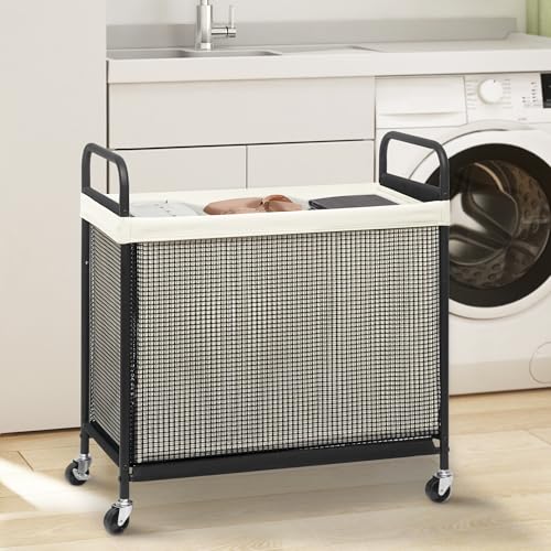 STORAGE MANIAC Rolling Laundry Hamper with Wheels 3-Section Laundry Sorter Rolling Laundrys Basket on Wheels with Removable Bag Clothes Hamper Laundrys Organizer Cart Bathroom Bedroom 120L Beige - color: Beige, size: 3-Section