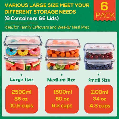6 Pack Large Food Storage Containers with Lids (85oz/50oz/34oz) –BPA-Free Reusable Thicker Plastic Freezer Safe Storage Containers, Airtight & Leakproof Kitchen Meal Prep Containers for Food