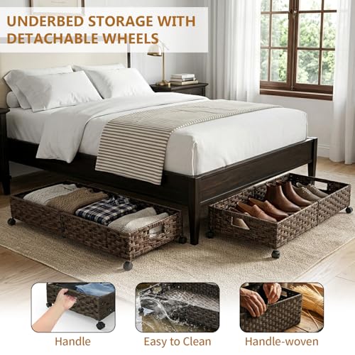 2 Pack Under Bed Storage with Wheels, 40L Large Under Bed Storage Containers with Handwoven Rattan , Rolling Underbed Organizer Bins Drawers for Clothes, Shoes, Blankets, Brown(31.5 x 15.75 x 6.3 In) - style: 2 Pack(A-Brown)