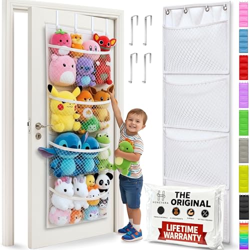 Honeyera The Original Stuffed Animal Storage (Patented) - Over Door Organizer for Stuffies, Baby Ideas Holder, Toy Plush Hammock Hanging Net Big Girls Toddler Large Bag Animals Stuffy Behind - color: White