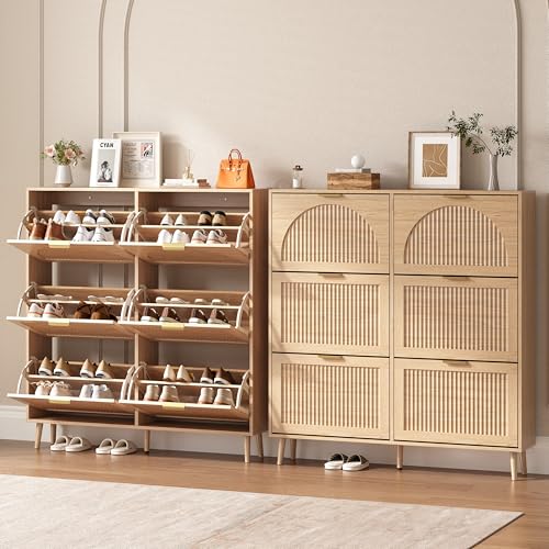 BORNOON Shoe Cabinet for Entryway with 6 Flip Drawers, Slim Wooden Shoe Storage Organizer with Modern Fluted Pannel，Freestanding Narrow Hidden Shoe Rack for Hallway, Foyer, Living Room - color: Oak, size: 6 Flip Drawers