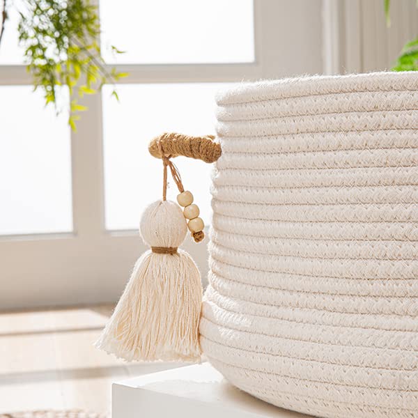 KAKAMAY Woven Baskets for Storage(16"x8"),Blanket Basket for Organizing Living Room,Cotton Rope Basket Woven Baby Laundry Hamper,Collapsible Laundry Room Organization,Clothes,Toy Chest(White) - color: White