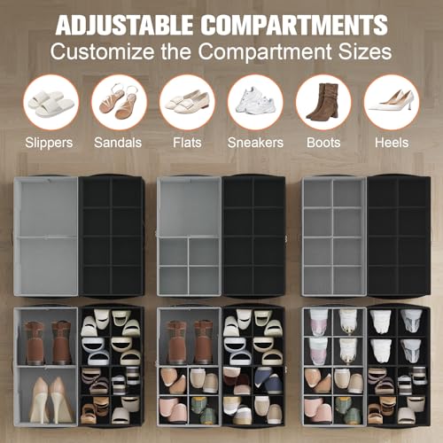 2 Pack Shoe Organizer for Closet,Foldable Shoe Storage Organizer with Adjustable Dividers, Shoe Storage Box with Clear Cover, Fits up to 16 Pairs,Black & Gray - color: Black & Gray, size: 2 Pack