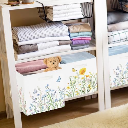 11.8" Wild Flower Storage Cube Organizer Set 3Pcs Clothes Storage Basket Bin for Closet Shelf Garden Butterfly Nursery Kid Room Book Toy Chest, Plant Bush - color: Plant Bush