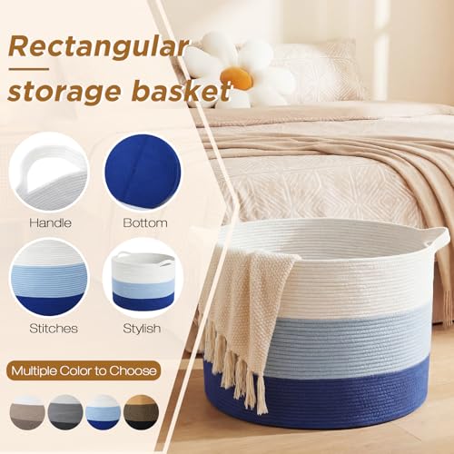 XXXXL 125L Extra Large Blanket Basket, 23.6" x 16.9" Jumbo Woven Cotton Rope Storage Basket with Handles, Laundry Hamper, Toy Storage for Living & Play Room(White, Blue & Dark Blue) - color: White, Blue & Dark Blue