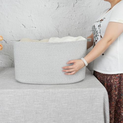 XUANGUO Large Rectangle Blankets Basket Living Room 22"x17"x12" Woven Cotton Rope Storage Baskets for Nursery Toy Baskets for Kids and Dogs Laundry Basket Bin for Clothes Towels grey - color: grey