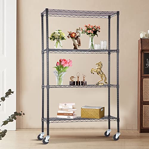 BestOffice | 4-Tier Wire Storage Shelves with Wheels | 36x14x62 | Black | Adjustable Racks | Heavy-Duty Metal Shelf, Holds Upto 500 lbs | No-Tool Assembly | Ideal for Home & Garage Shelving - color: Black, size: 36"D x 14"W x 62"H