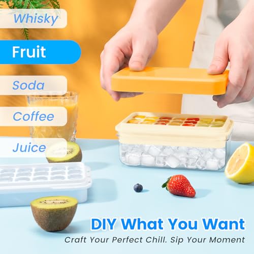 PHINOX Ice Cube Tray with Lid and Bin, Ice Trays for Freezer, Flexible Ice Cube Trays, Making 56 pcs Ice Cubes, Chilling Cocktail, Whiskey, Coffee, with 2 trays, Ice Container, Scoop&Cover, BPA Free - color: Yellow, size: 0.8"-2tier