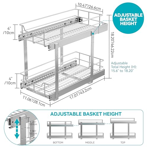 2 Tier Pull Out Cabinet Organizer 11" W X 22" D, Slide Out Drawers For Kitchen Cabinets, Pull Out Drawers For Cabinets Capacity Heavy Duty Caddy, Cabinet Pullout Shelves Chrome-Plated, Bathroom Pantry - color: 2 Tier - Chrome-Plated, size: 11" W X 22" D