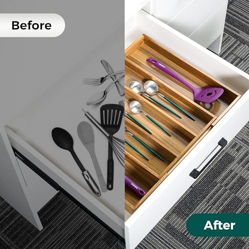 Utoplike Acacia Kitchen Drawer Organizer Expandable, Large Utensils and Cutlery Tray, Adjustable Silverware Divider for Knives Flatware - color: Acacia, size: Large
