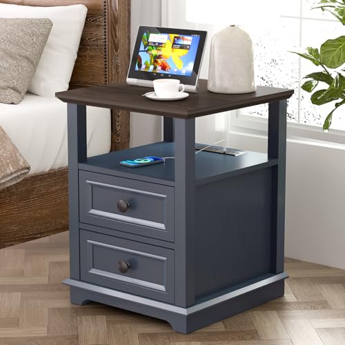 REDAYFUR End Table with Fast USB C Charging Station, 18" Wide Tall Sofa Side Table with 2 Drawers, Large Storage Rustic Wood Square Storage Cabinet for Living Room, Bedroom, Office, Blue - color: Dark Blue, size: 1 Piece