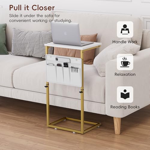 Vagusicc C Shaped End Table, 33'' Tall Side Table for Couch, Adjustable Height Small Couch Side Table for Small Spaces, C Table End Table Slide Under Sofa Table TV Tray Arm Table for Living Room - color: Golden