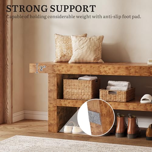 DWVO 39.4" Entryway Bench with Motion-Sensing Warm LED Light, 2-Tier Rustic Thick Wood Shoe Storage Bench for Hallway Bedroom Dressing Room or End of Bed, Burl Wood Finish - color: Burl Wood, size: Straight 39.4" L