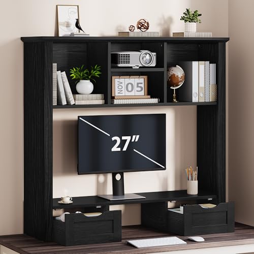 Desk Shelf with Computer Monitor Stand, 37.4''W Desktop Bookshelf Display Rack, Desktop Organizer Storage Rack with Cubbies & Drawers, 5-Tier Hutch for Home, Office, Dorm, Vanity, Black - color: Black, size: 37.4''W with Monitor Stand