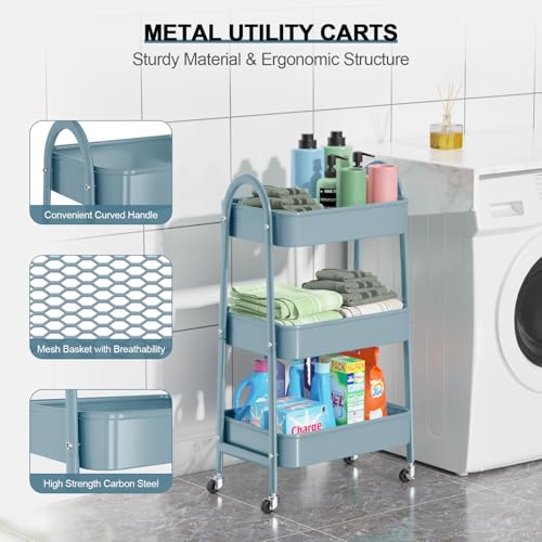 3 Tier Utility Rolling Cart, EAGMAK Metal Storage Cart with Handle and Lockable Wheels, Multifunctional Storage Organizer Trolley with Mesh Baskets for Kitchen, Living Room, Office, Garage (Blue) - color: Blue, size: Normal